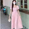 2026 Summer Short Gentle Wind French Square Neck Lace-up Dress Women's Waist Skinny Splicing Medium and Long Dress Summer