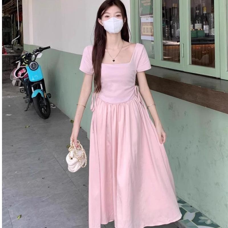 2026 Summer Short Gentle Wind French Square Neck Lace-up Dress Women's Waist Skinny Splicing Medium and Long Dress Summer