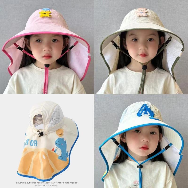Cartoon Children'S Sunscreen Hat Beach Hat Uv Protection Summer Thin Breathable Large Brim Fisherman Hat With Windproof Rope