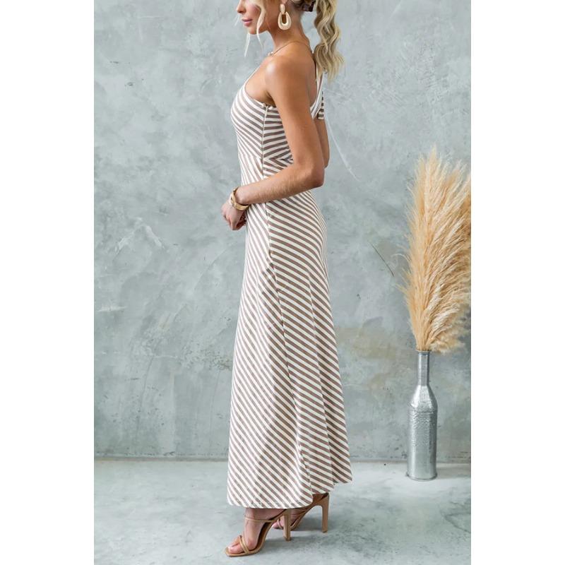 YYFS Women's Fashion Summer Spring Stripe Print Sleeveless Oblique Collar High Waist Casual Dresses