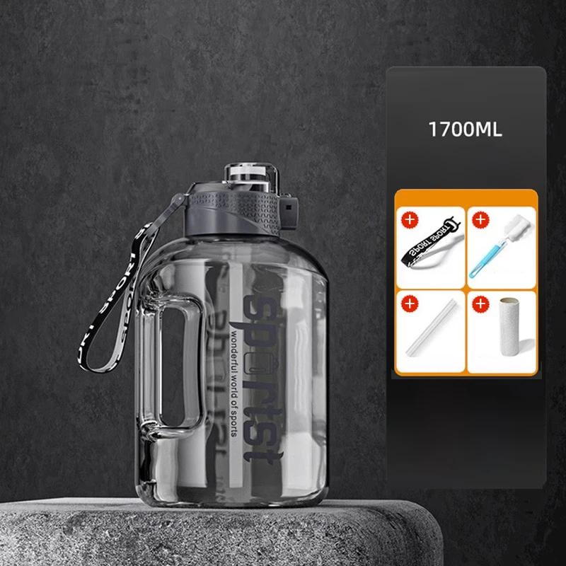 MULAN 1700ML Household Transparent Plastics Straw Cup Black Sports Kettle With Handle Water Bottle Kitchen Bar Supplies