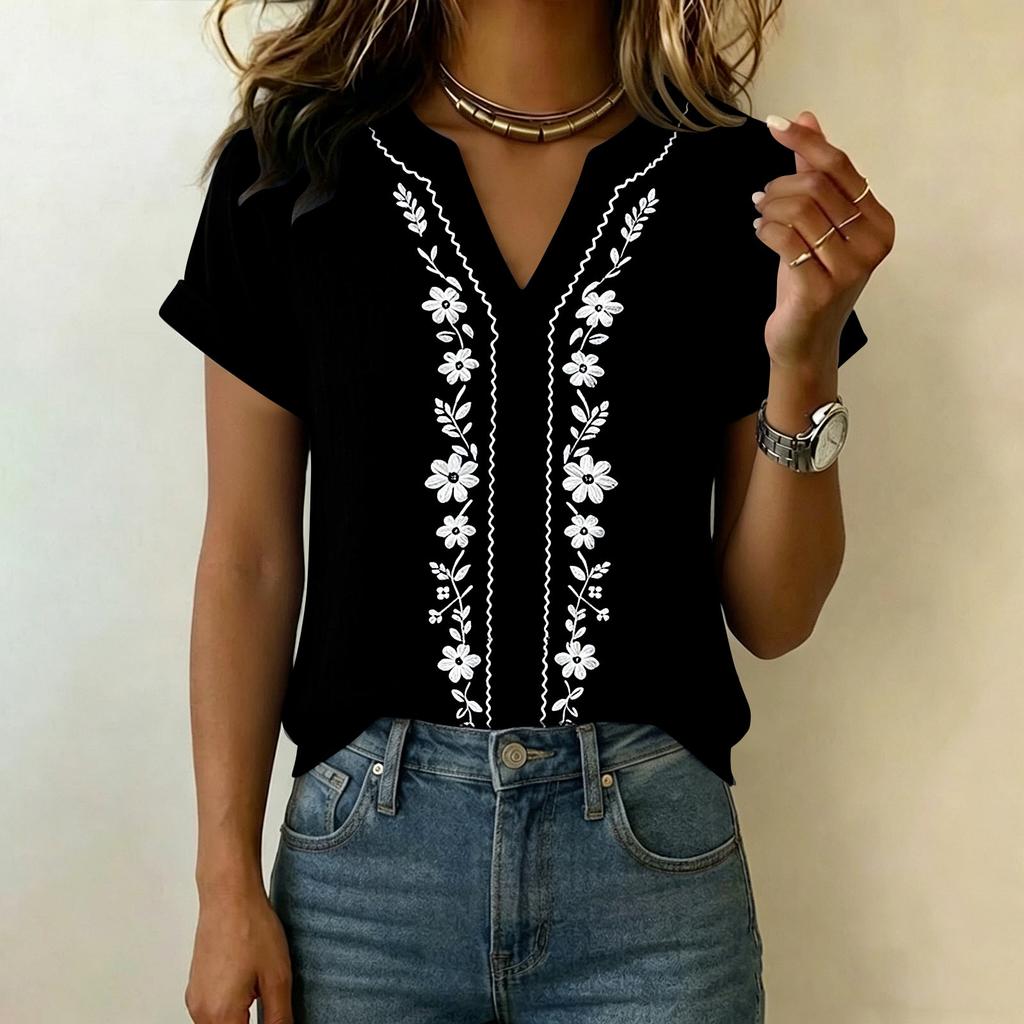 Women V Neck Embroidered Short Sleeve Casual Loose Fit Shirt Top with Floral Pattern for Daily Wear and Comfortable Style