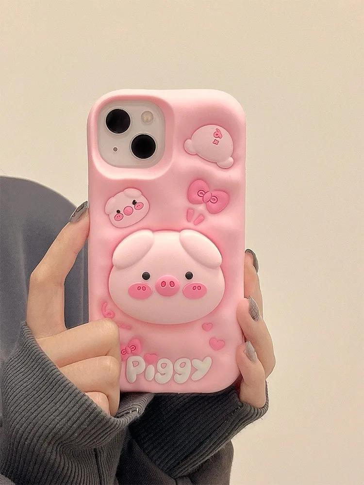 Cute Funny Pig Piggy Telescopic Bracket Case For iPhone 16 15 Pro Max 14 Plus 13 11 12 Pro Max Pink Silicone Stand Holder Cover
