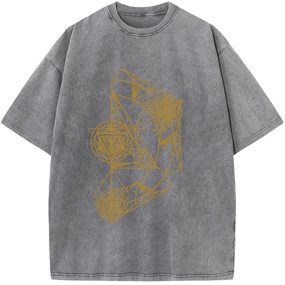 Men's Geometric Short-Sleeved T-shirt 230 Grams Of High-Quality Washed Old Tshirt Streetwear Men Washed T-shirts