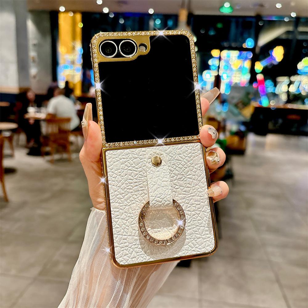 Luxus Strass Beschichtet Rahmen Litschi Leder Handyhülle Für SAMSUNG Z Flip 7 6 5 4 3 Fingerring Unifarbene Schutzhülle