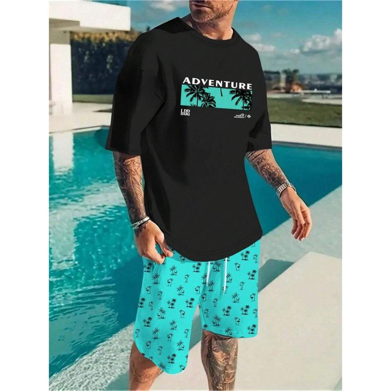 Men's Short Sleeve Shorts Set Beach Resort Style Stylish T-Shirt and Drawstring Shorts 2 Piece Hawaiian Men's Casual Wear Set