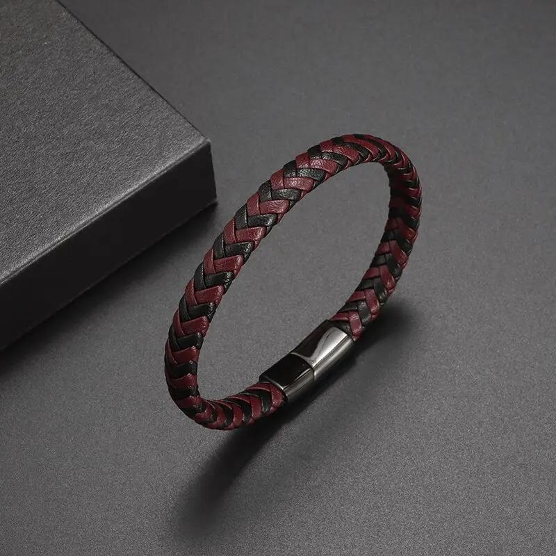 Double Layer Punk Brown Braided Leather Bracelet for Men with Metal Magnetic Clasp Stylish Business Bracelet Jewelry Gift