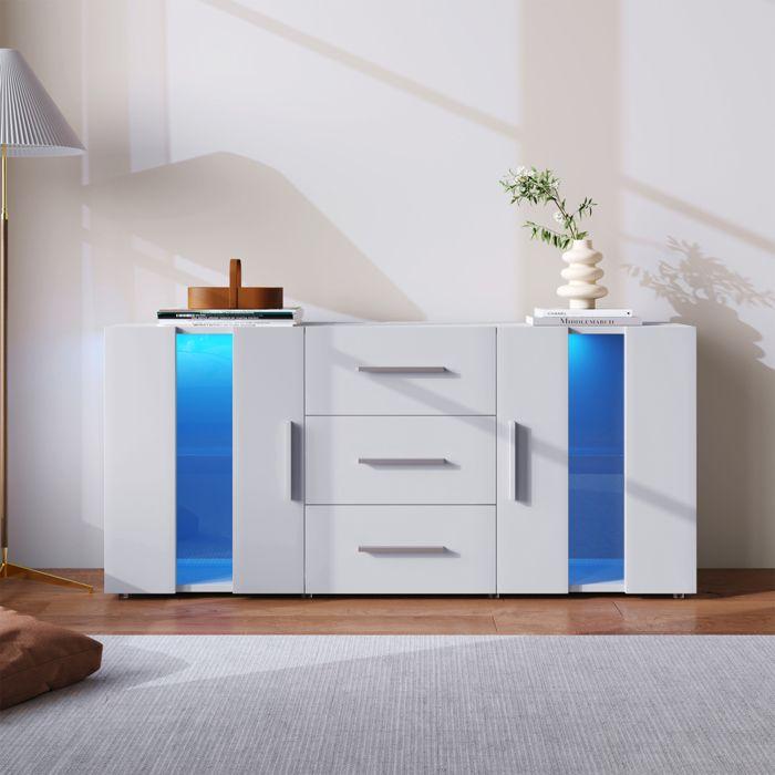 Modern TV Stand, White, with LED Lighting, 2 Doors and 3 Drawers, Living Room Furniture, 140 X 35 X 70 Cm