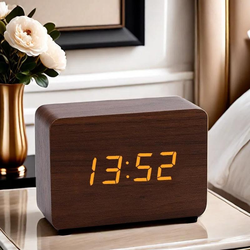 LED Desktop Clock Alarm Decoration Wooden Alarm Watch Table Voice Control Digital Wood Powered Electronic Desktop Clocks2
