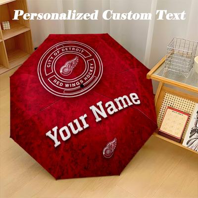 Detroit Red Wings Automatic 8‑ribs Umbrella, Custom Name Text Personalized Folding Umbrella Rain Sun Gift