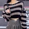 Gothic Ladies Sweater Crew Neck Long Sleeve Striped Cropped Knit Sweater Y2K Sexy Top Off-the-shoulder Zipper Design New Fashion