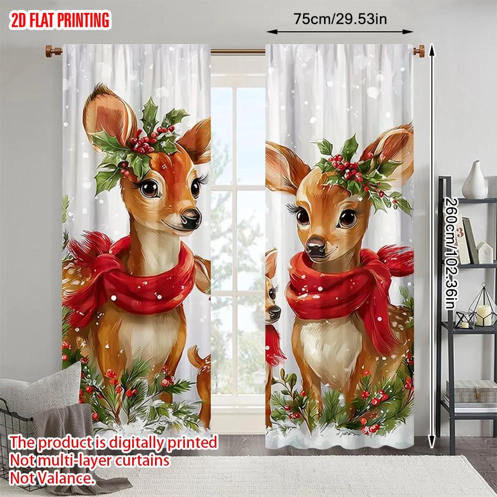 2pcs   plane printing Creative Curtains Christmas Elk Durable 100% Polyester Fabric (without rod) Outdoor Decorations Ldeal for