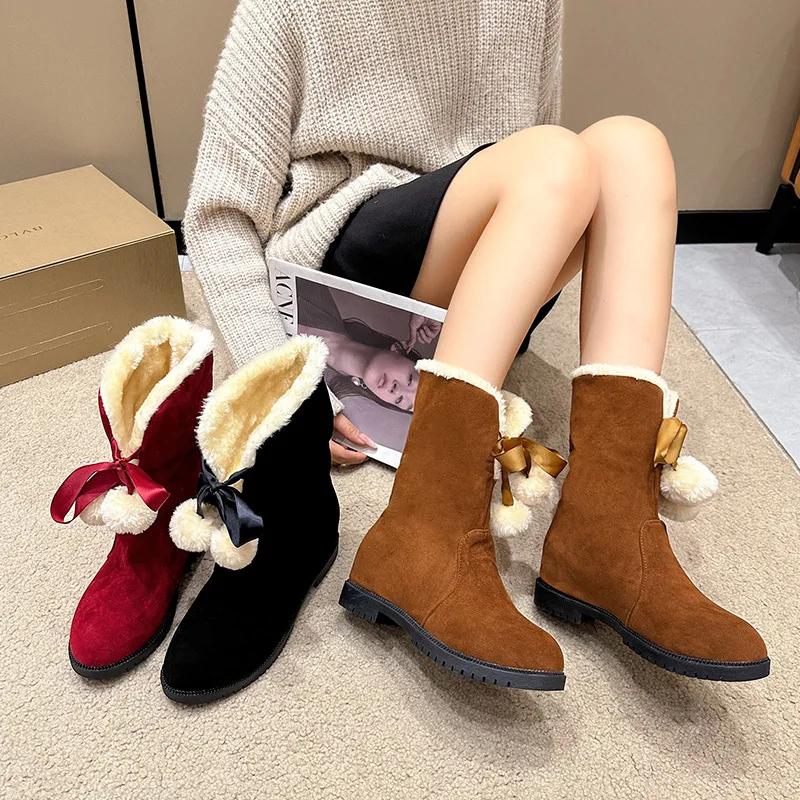 New Winter Women's Shoes Sweet Fur Ankle Boots Female Padded Comfortable Warm Cotton Shoes Flat Bottom Casual Lace Up Botines