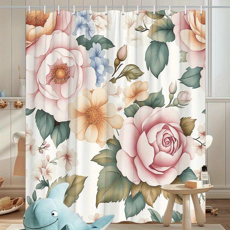 1 Piece Rose Floral Pattern Shower Curtain, Polyester Fabric, Machine Washable, Suitable For Bathroom Decoration