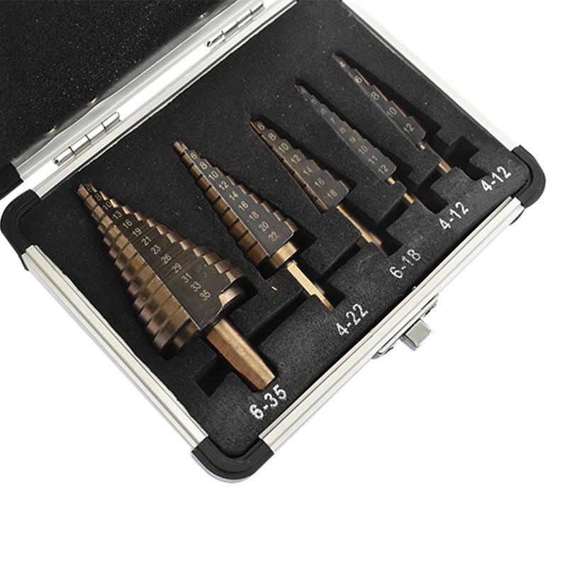 5-Piece Hole Expansion Pagoda Drill Bit Set for Steel Plate Punching with Yellow Triangle Ladder Drill In Aluminum Box.