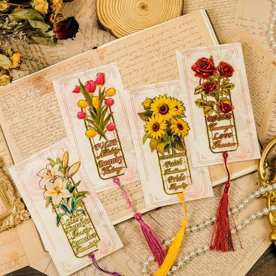 Eleganter Metall-Lesezeichen mit Blumen-Quaste: Rosen-, Sonnenblumen-, Tulpen-, Lilien-Design