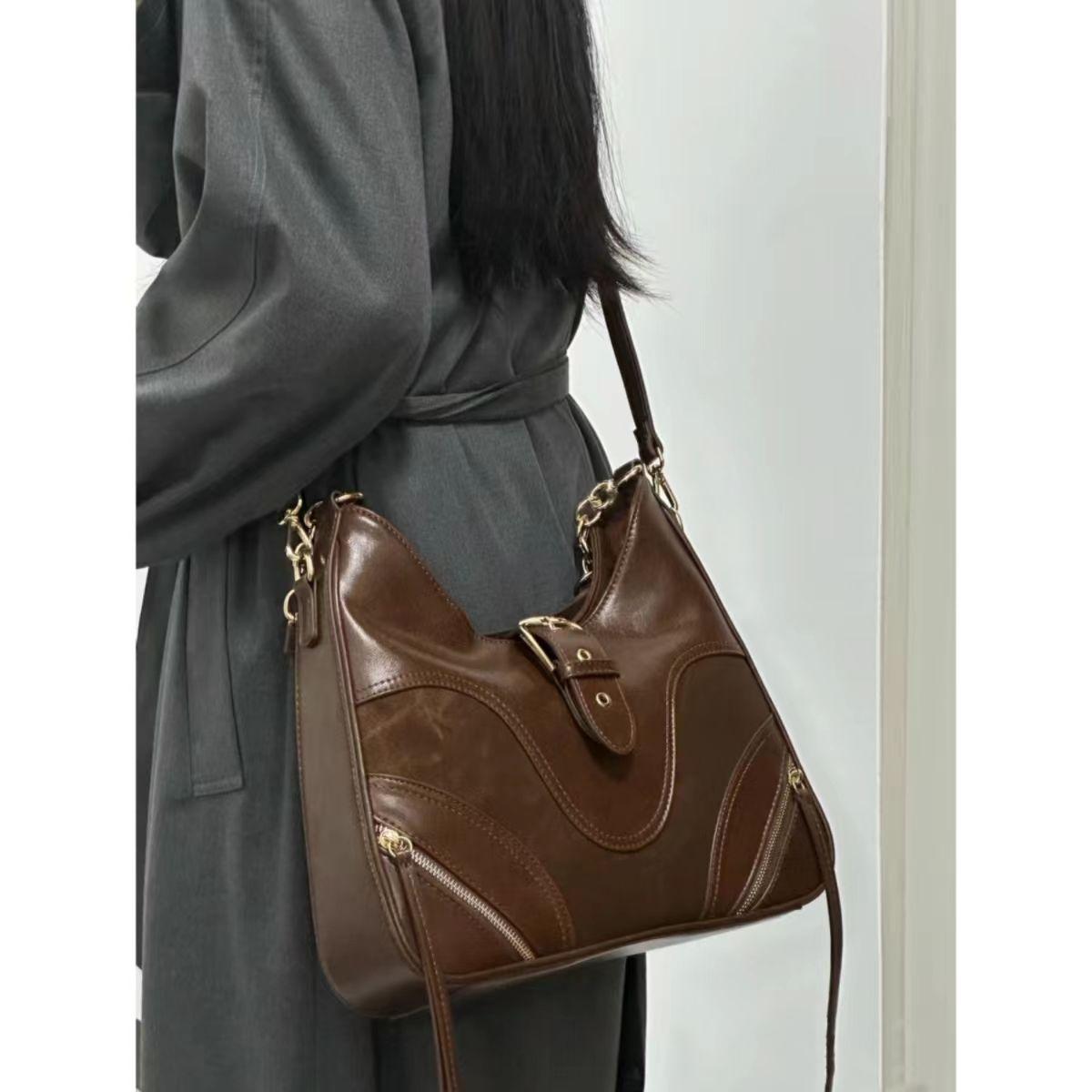 

JIAERDI Korean Vintage Mulard Brown Handbag Women Patchwork Large Capacity Shoulder Bag Ladies Chain Daily Commute Tote Bag Chic 32x25x9cm коричневый