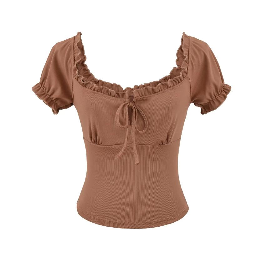 Bubble short-sleeved T-shirt women's summer new Spice Girl style solid color hollow lace-up square neck slim-fitting top