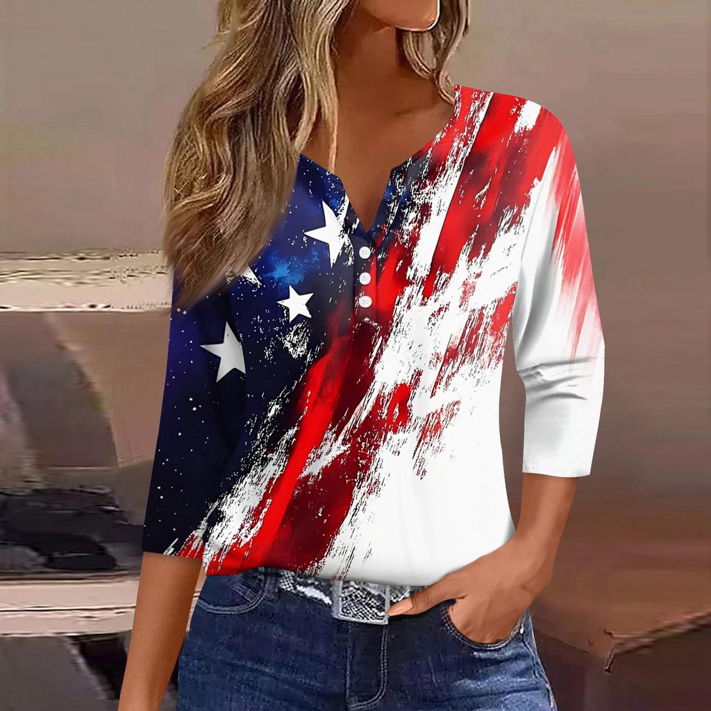 Women's T Shirt Independence Day Print Button 3/4 Sleeve Daily Weekend Fashion Basic V- Neck Regular Top