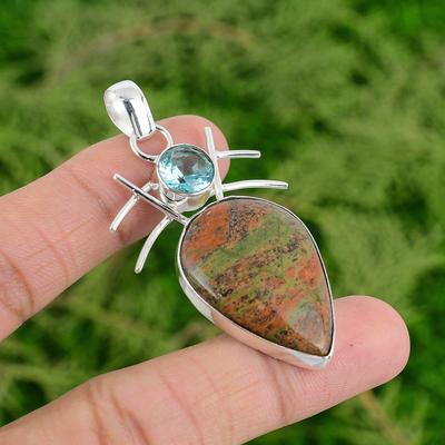 Sterling Silver Grass Garnet Gemstone Swiss Blue Topaz Boho Wife Pendant Jewelry