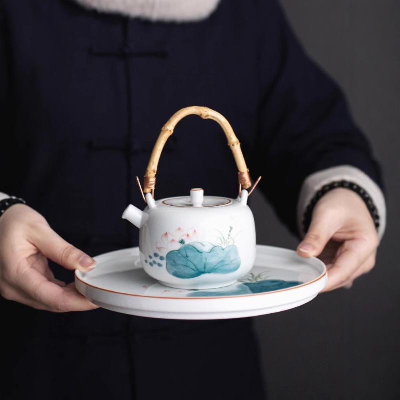 Hand Painted Lotus Ceramic Teapot with Bamboo Handle Vintage Style Portable Infuser for Home Office Gongfu Tea Brewing Gift