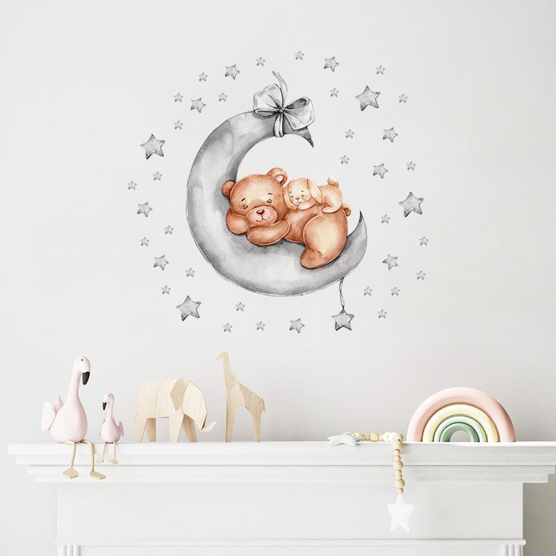 Cartoon Sleepy Bear with Stars and Moon Wall Stickers, Self-Adhesive Decor for Kids Room Background Decoration