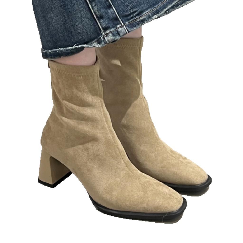 2025 outono e inverno novo camurça francesa salto grosso botas finas temperamento versátil salto alto botas curtas botas Martin