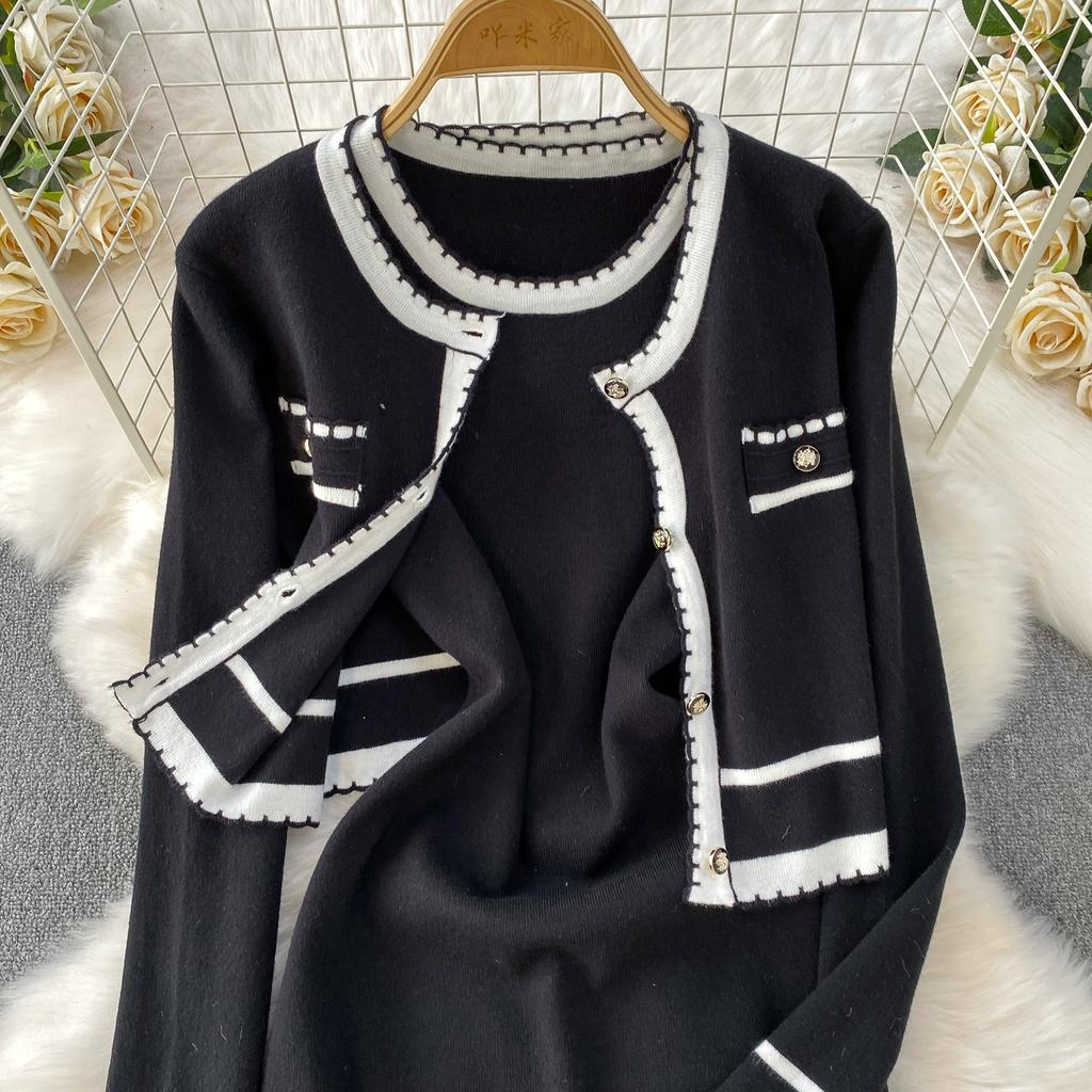 Autumn Winter Women Casual Knitted Sweater Two Piece Set Single Breasted Cardigans Top and Mini Short Slim Bodycon Dresses Suit