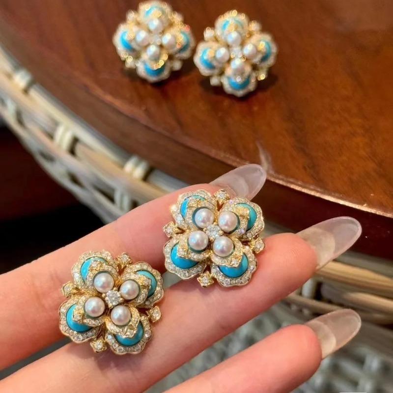 Retro Palace Style Pearl Turquoise Crystal Flower Earrings For Women New In Exquisite High Grade Earings Stud Wedding Jewelry