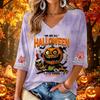 Women's V-Neck Three-Quarter Sleeve Casual Top with Halloween Print