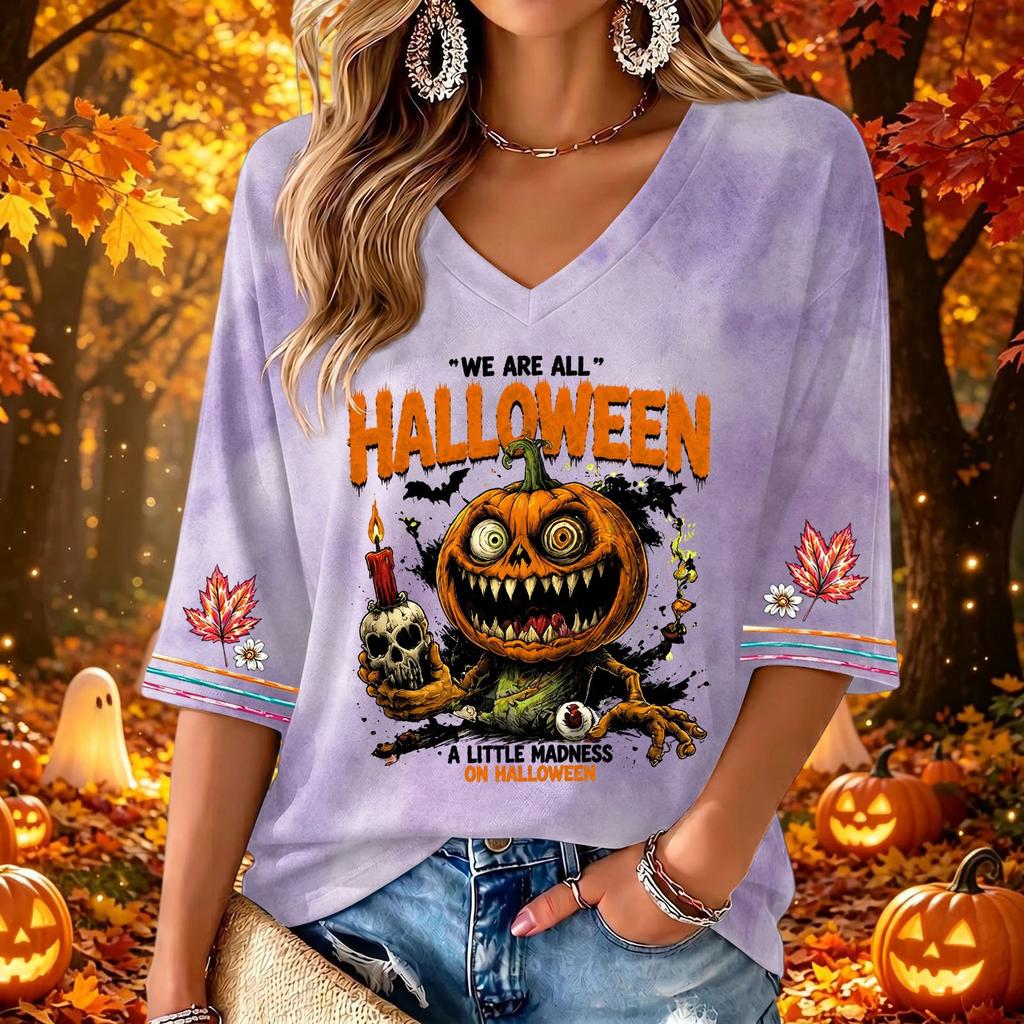 Women's V-Neck Three-Quarter Sleeve Casual Top with Halloween Print
