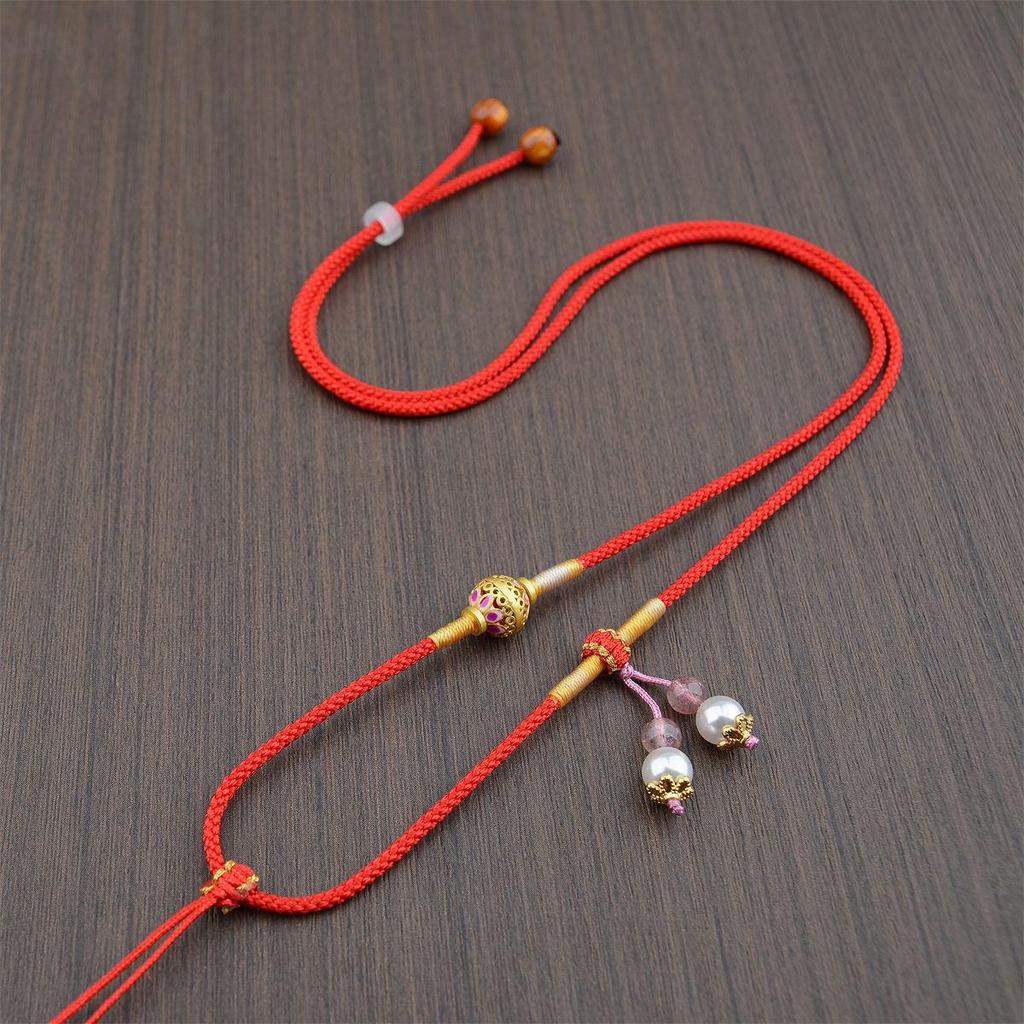 Premium Hand-woven Necklace: Gold Amber, Crystal, and Jade Pendant Cord