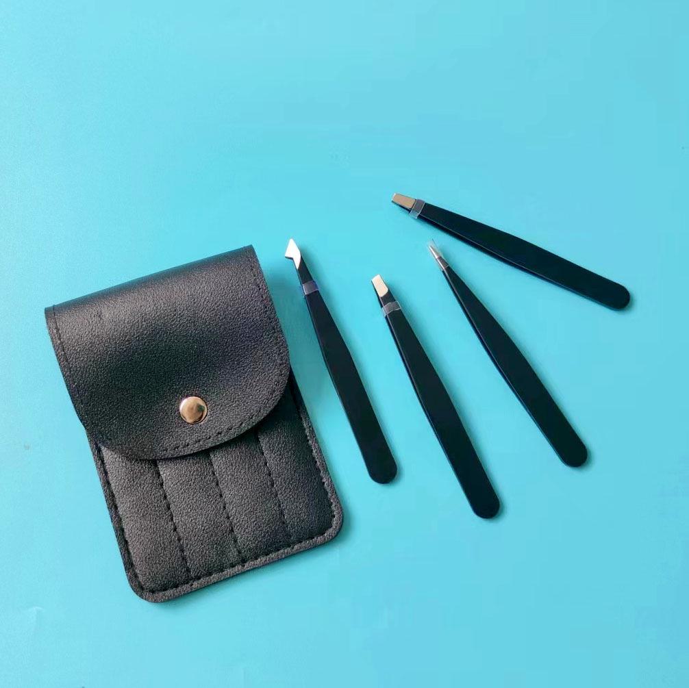 4-Piece Stainless Steel Eyebrow Tweezers Set with Leather Case for Hair and Beard Plucking