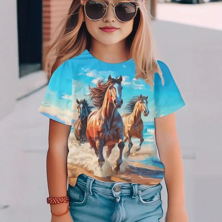 Kids T Shirts 2025 Summer New Girl's Stylish Cute Animal Play, Printed Pattern Round Neck Short Sleeve Tops