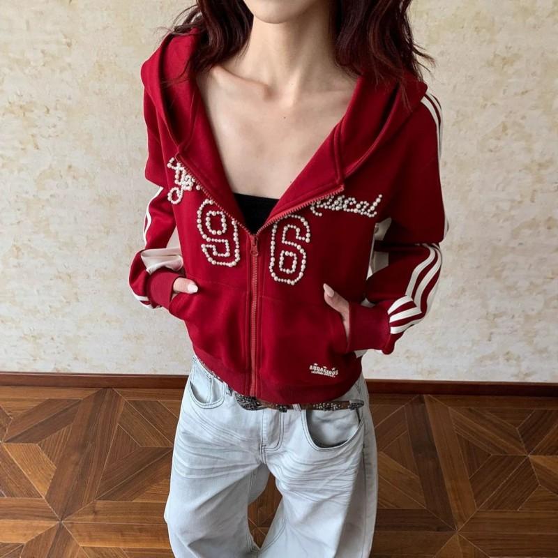 Womens Oversized Hooded Sweatshirt With Striped Pearl Accent Casual Long Sleeve Zip-Up Top