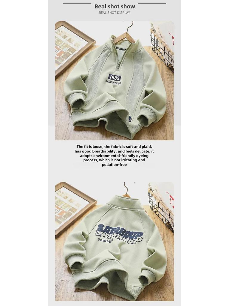 Boys' Winter 2024 Fleece Sweatshirt: Half-Zip, Long-Sleeve, Korean Style for Kids