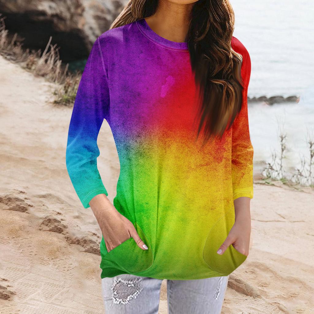 Dámská móda ležérní tričko s kulatým výstřihem a 3/4 rukávem s kapsou