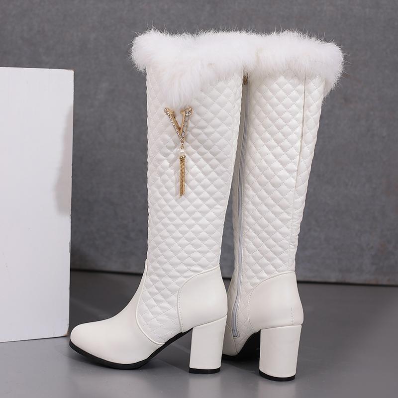 Women's High-heeled Boots Autumn and Winter Xiaoxiangfeng Thick-heeled Large-size Rabbit Fur Medium Boots
