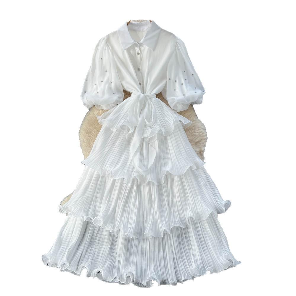 French retro court style heavy industry nails, drilled lantern sleeves, straps, waist and thin temperament ruffle edge pleated dress