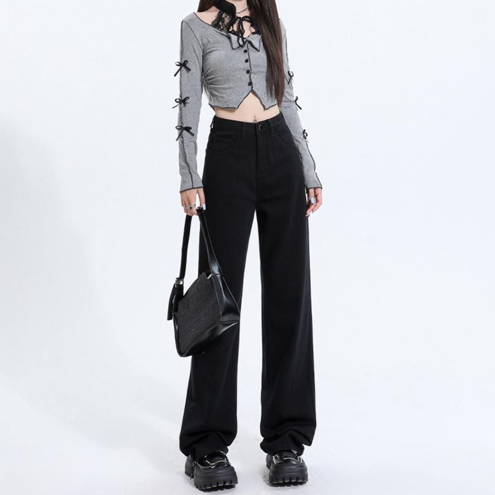 

Autumn and winter versatile simple women s commuter wide-leg mopping pants trendy high street thin hips straight jeans XXL чёрный