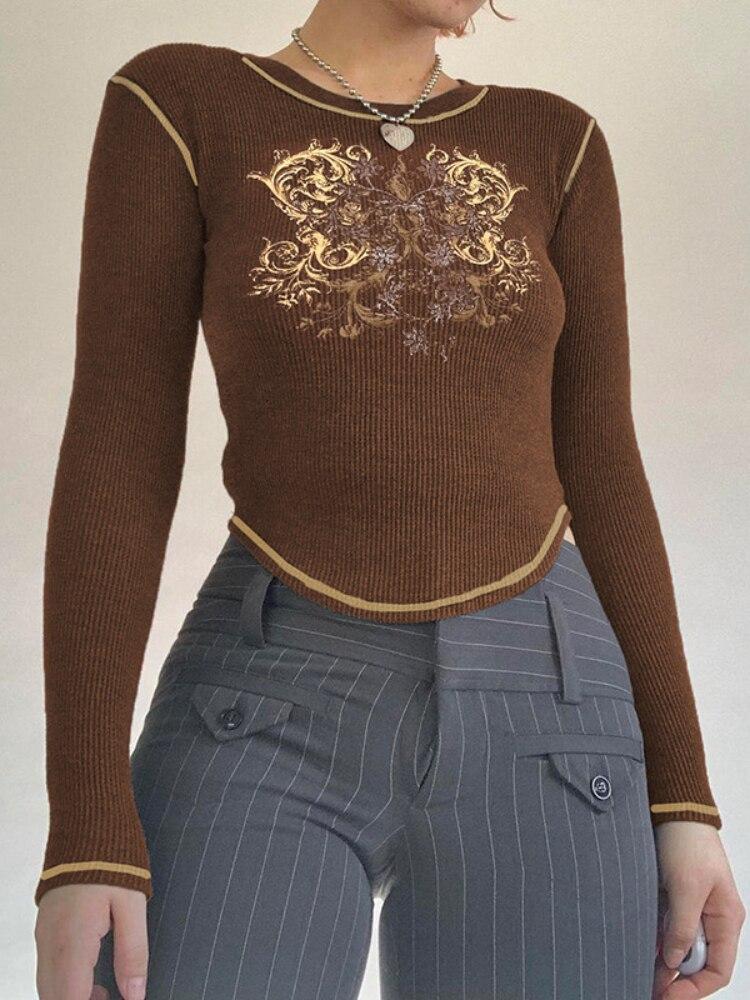 

Весна-Осень 2022, женский укороченный топ в стиле ретро для отдыха, футболка с длинным рукавом, одежда, футболки с принтом, модная уличная одежда в стиле Харадзюку L коричневый