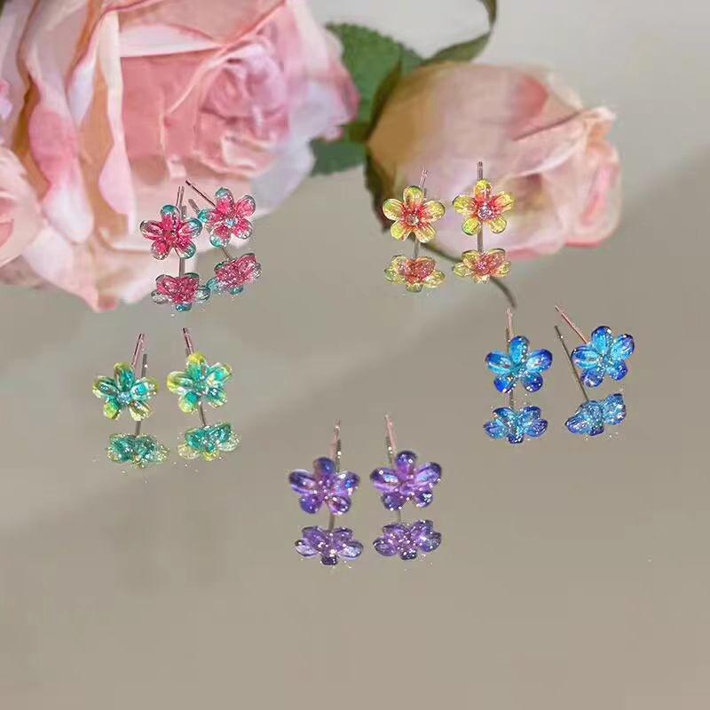 5 Paires Boucles d'Oreilles Puces Fleurs Arc-en-Ciel Douces Printemps Et Été Boucles d'Oreilles Colorées Pour Femmes Fête Bijoux Mignons Élégants Cadeau