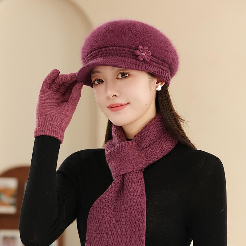 Hat Women's Autumn and Winter Knitted Hat Warm Beret Wool Hat Fashion Fleece Thickened Ear Hat Rabbit Fur Hat