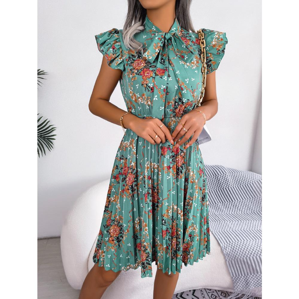 Spring and Summer Temperament Flower Tie Waist Large Swing Pleated Skirt Ladies Fashion Dress Loose Medium Long Skirt