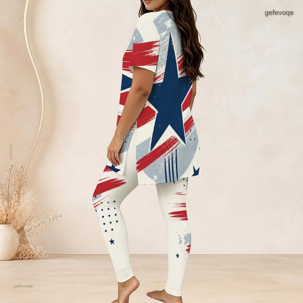 Women Plus Size White Red Blue Printed Round Neck Short Sleeve Longline Top Fitted Pants Two Piece Set
