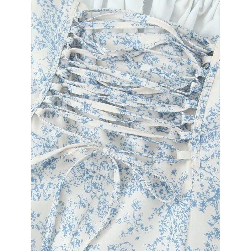 Kaslead New Arrival Women's Clothing Fashion Style Fashion French Drawstring Waist Slit Blue and White Porcelain Printed Dress