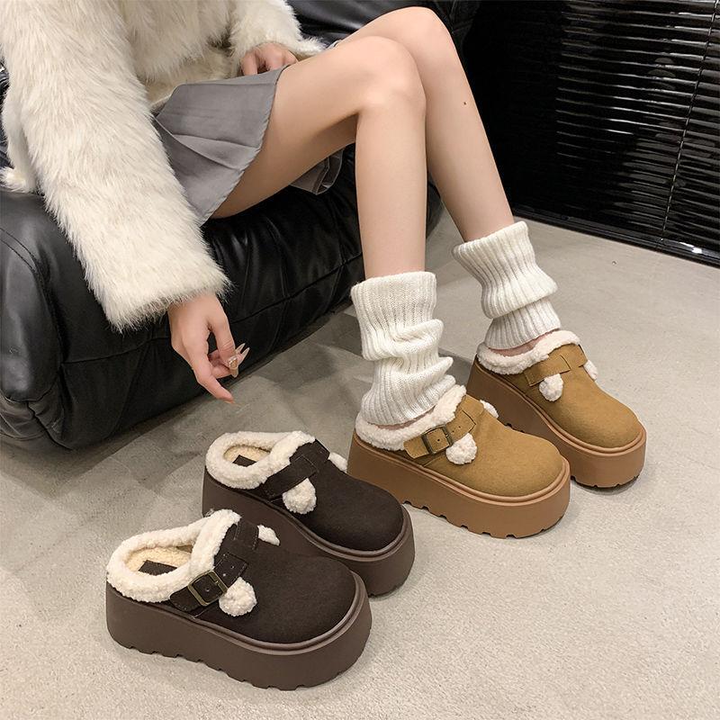 thick-soled cotton slippers women's 2025 snow boots Birkenstock boots women's piled thickened fluffy warm winter cotton shoes bread shoes