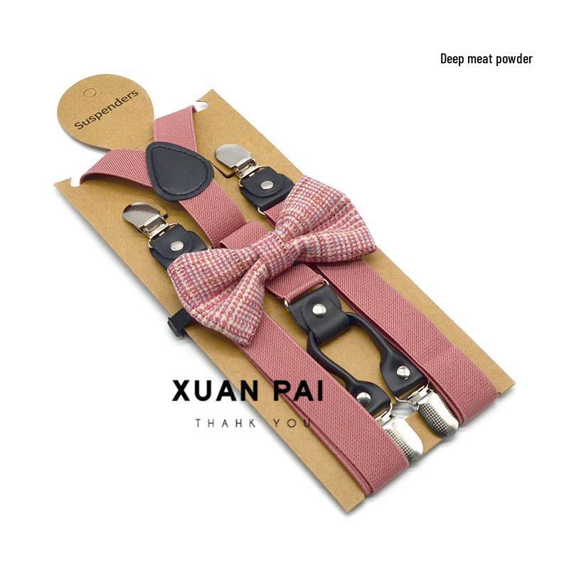 Adult Unisex 4-Clip Elastic Suspenders & Bow Tie Set, Non-Slip, Solid Color, 2.5cm