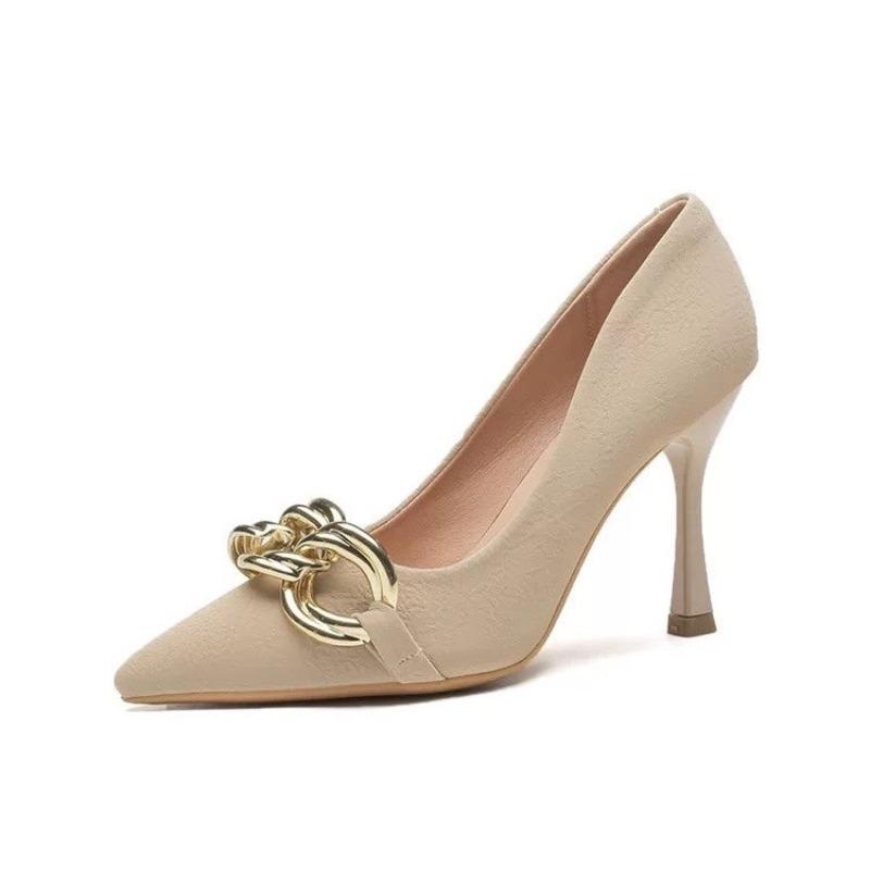 High Heeled Single Shoes Autumn New Pointed Toe Shallow Suede Metal Buckle Slip Anti-Slip Wear-Resistant High Heels
