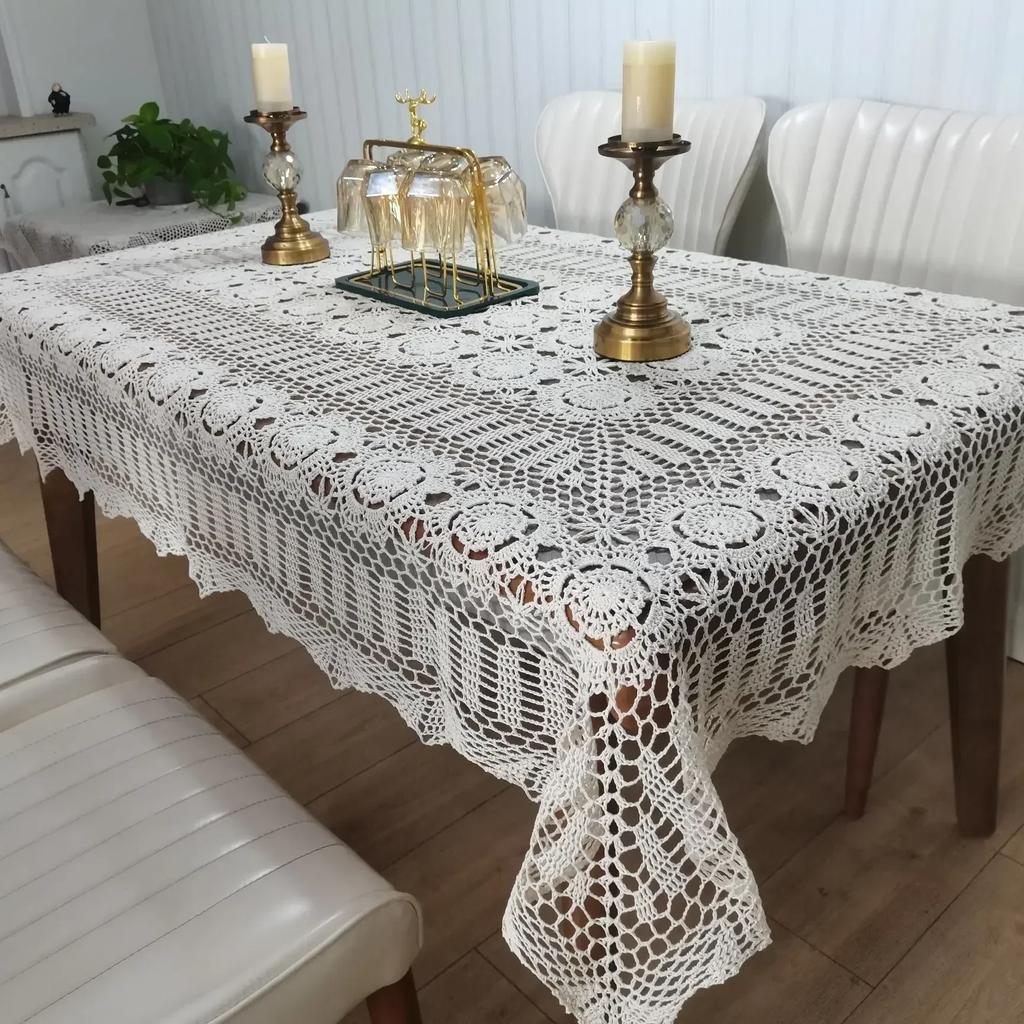 Pure Cotton Handmade Crochet Tablecloth Beige Lace Hollowed Out Tabletop Cover Changliu  Home Decoration Dustproof Cloth